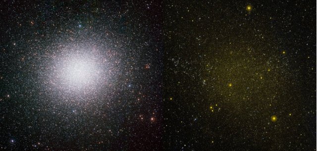 Cúmulo globular (izquierda). Galaxia enana esferoidal (derecha). Las galaxias esferoidales tienen un brillo bajísimo, son muy difíciles de ver en el cielo.