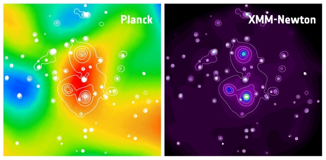 Imágenes de Planck y XMM-Newton de un supercúmulo llamado PLCK G214.6-37.0 descubierto por efecto Efecto Sunyaev-Zeldovich